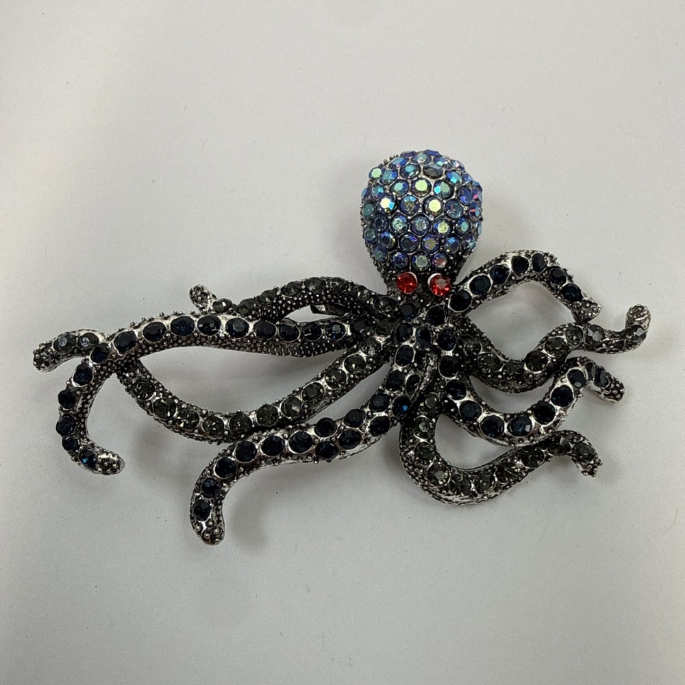 Whimsical octopus brooch or pendent blue black red silver rhinestone sea life