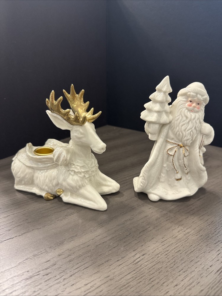 Ivory Porcelain Santa & Reindeer Figurine Set – Gold Accents, Christmas Decor