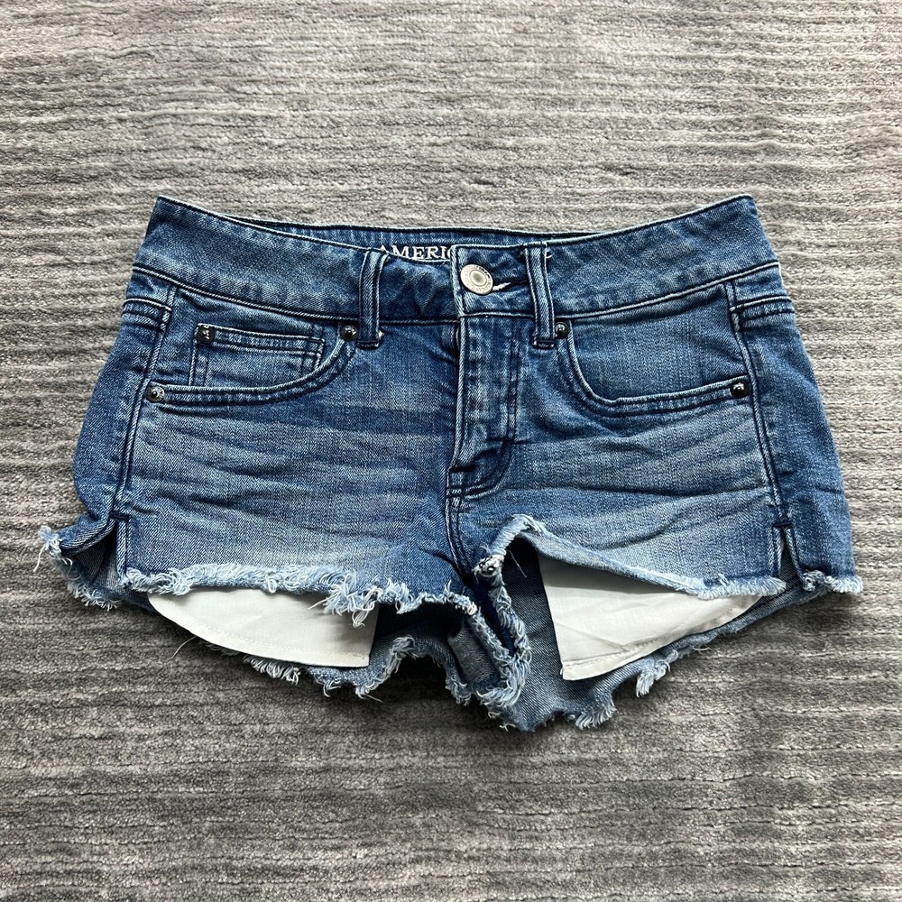 American Eagle Jean Shorts Size 2 Womens Shortie Super Stretch Blue Denim