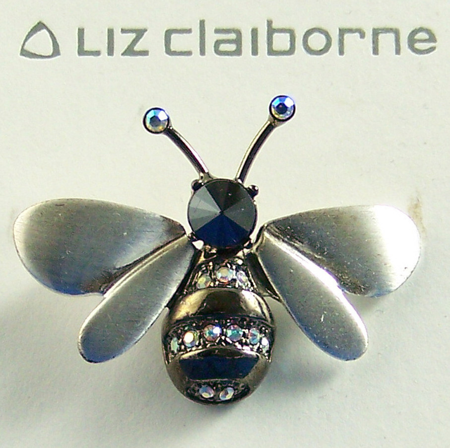 Pin Liz Claiborne Bee Bug Insect Black Enamel Rhinestone SilverTone Metal Brooch