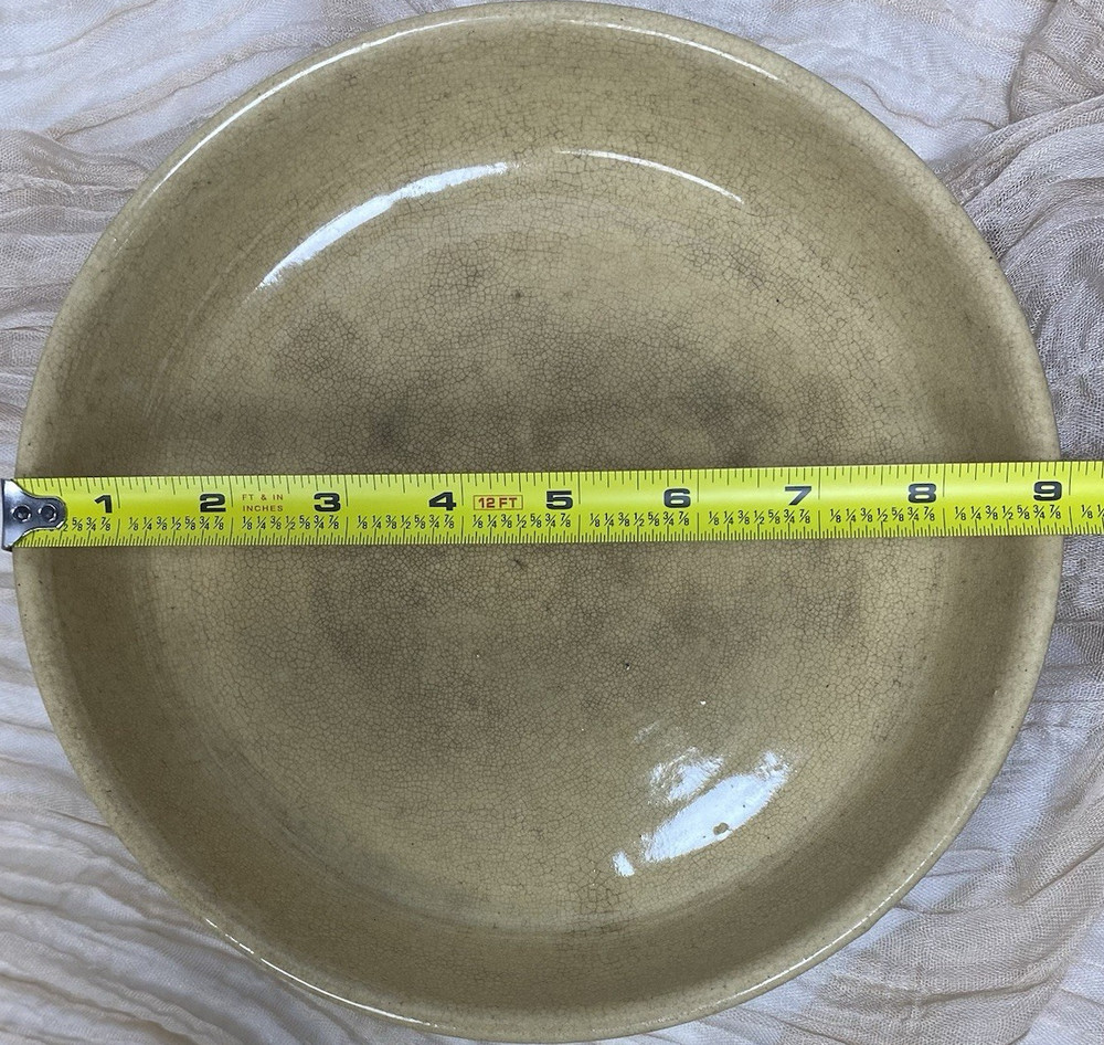 Vintage USA Pottery Stoneware Pie Plate Crackle Glaze Green Rim 9”