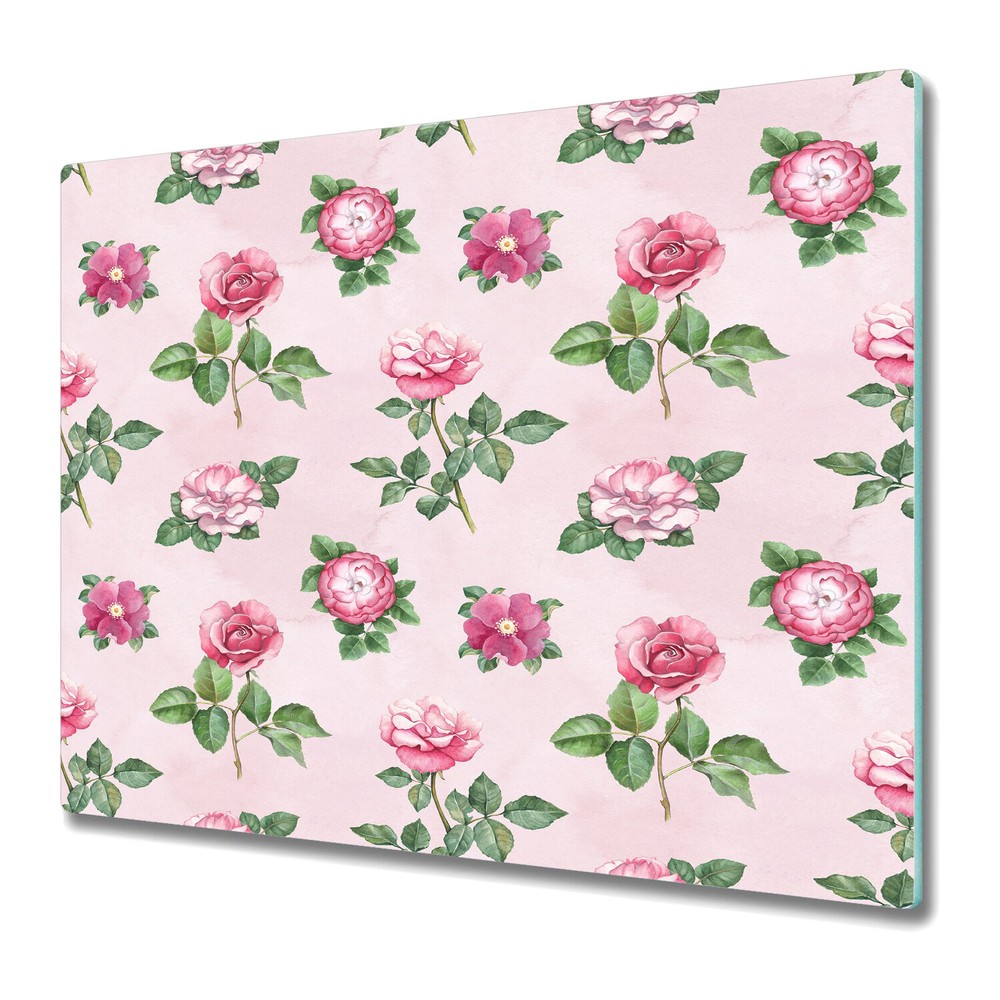 Tempered Glass Worktop Saver Watercolour rose flowers pink and green 60x52