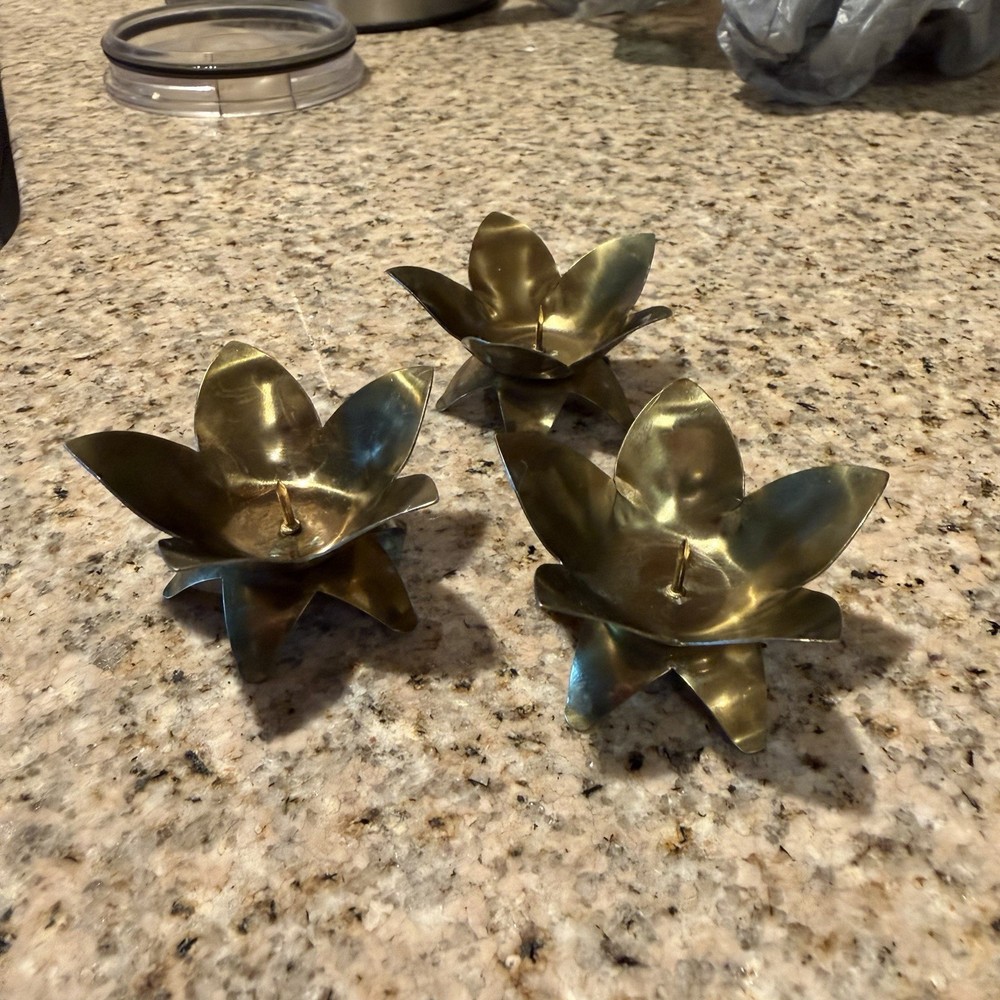 Lot Of 3 Vtg Mini Brass Candle Holders Lotus Water Lily Flower MCM West Germany