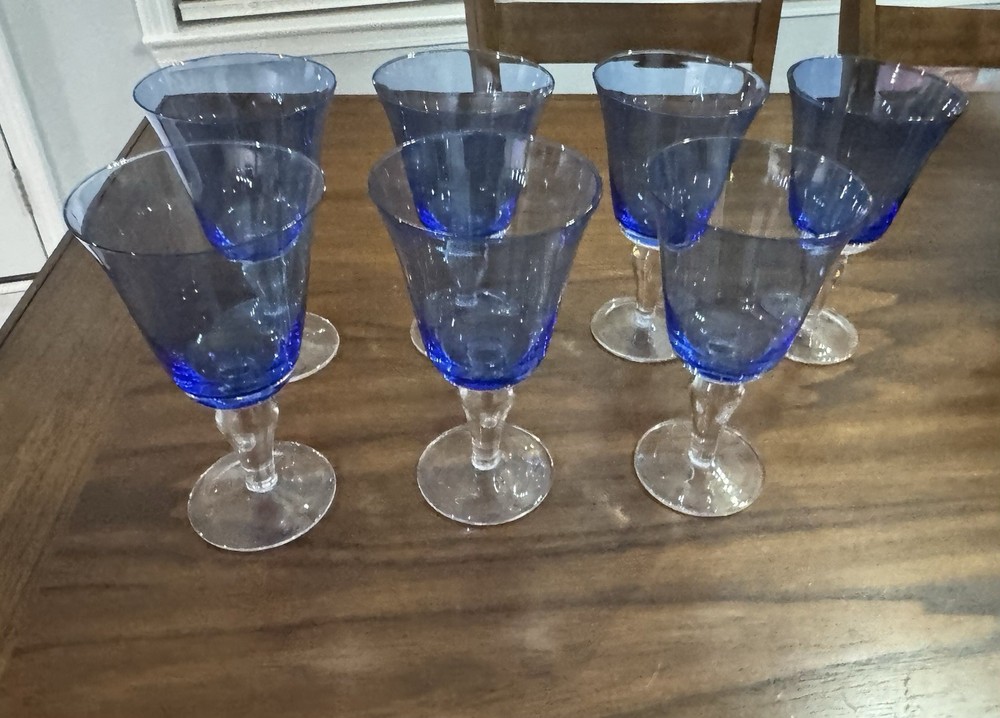 Set Of 7 Beautiful Hand Blown Tall Blue Wine  Water Glass Goblet Clear Stem 8