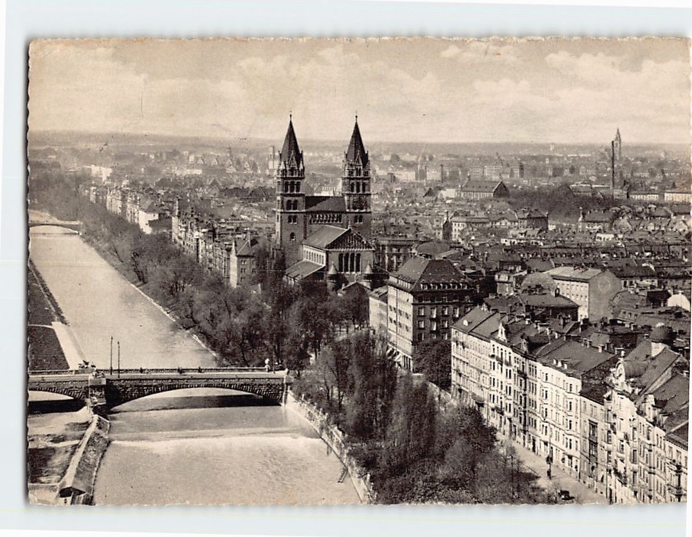 Postcard St. Maximilian Church and the Isar River in Munich Germany