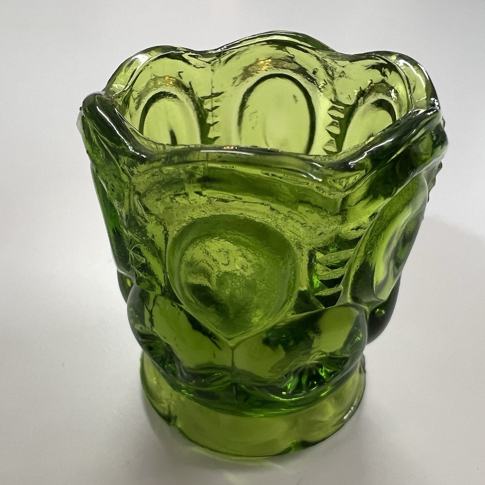 L.E. Smith Moon and Stars Green Glass Toothpick Holder with Scalloped Edge