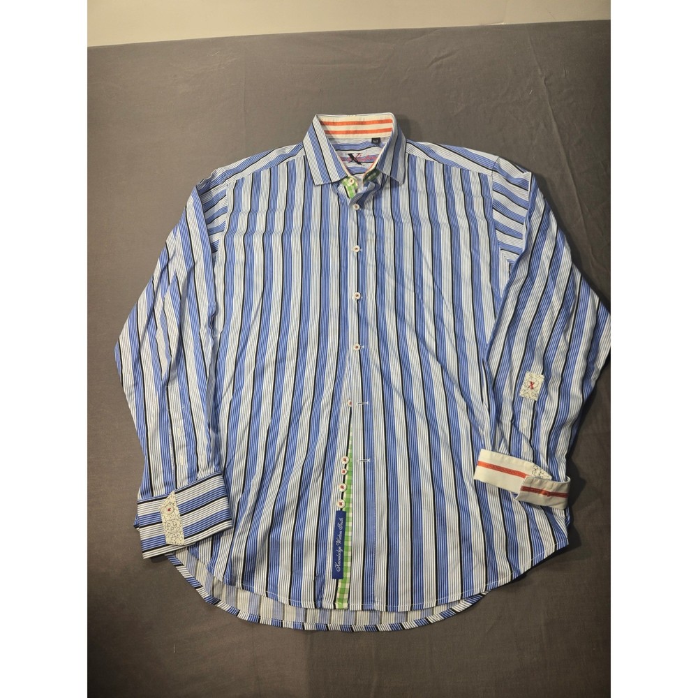Robert Graham Mens XL Blue Striped Button Down Shirt Knowledge Wisdom Truth L/S