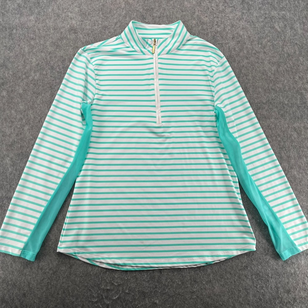 Cabana Life 1/4 Zip Green White Striped Sport Top Mesh Performance Women XL