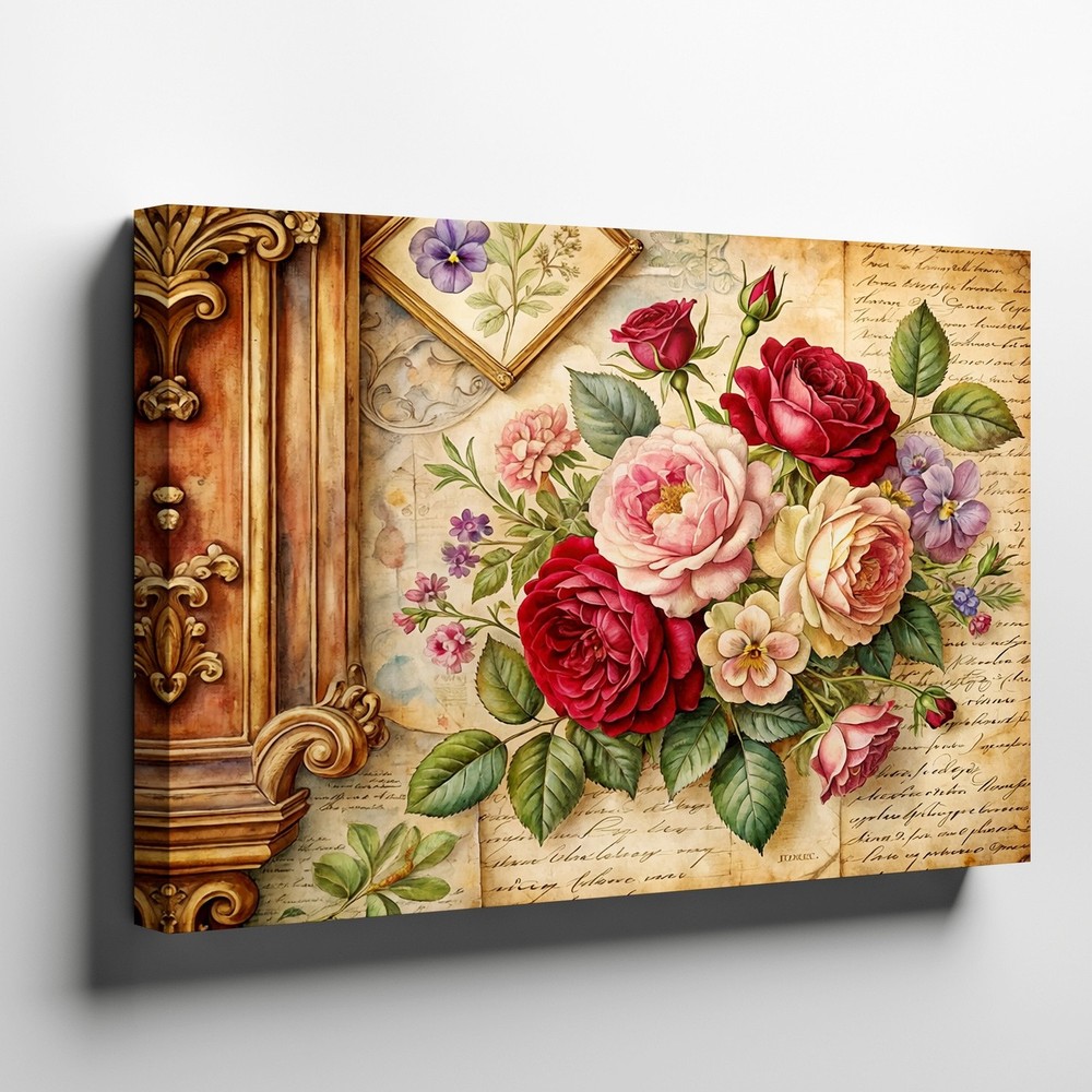 Vintage Floral Canvas Wall Art Red and Pink Roses with Script Background Print