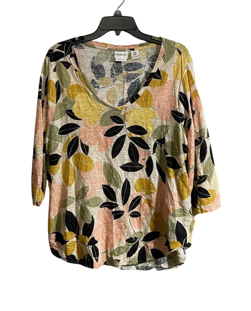 Rachel Zoe 1X 100% Linen Top V-Neck 3/4 Sleeve Tropical Floral Botanical Coastal