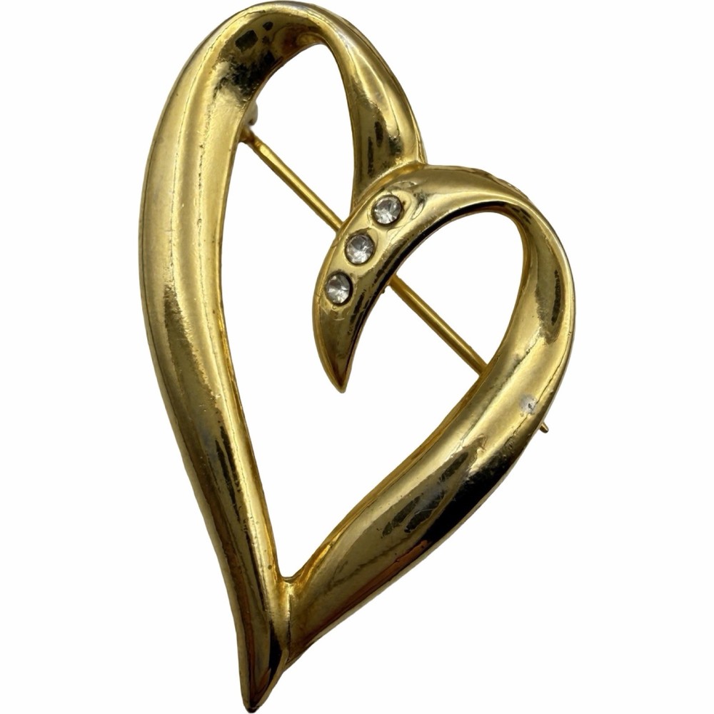 Vintage Gold Tone Open Heart Brooch Clear Rhinestones Abstract Love Pin