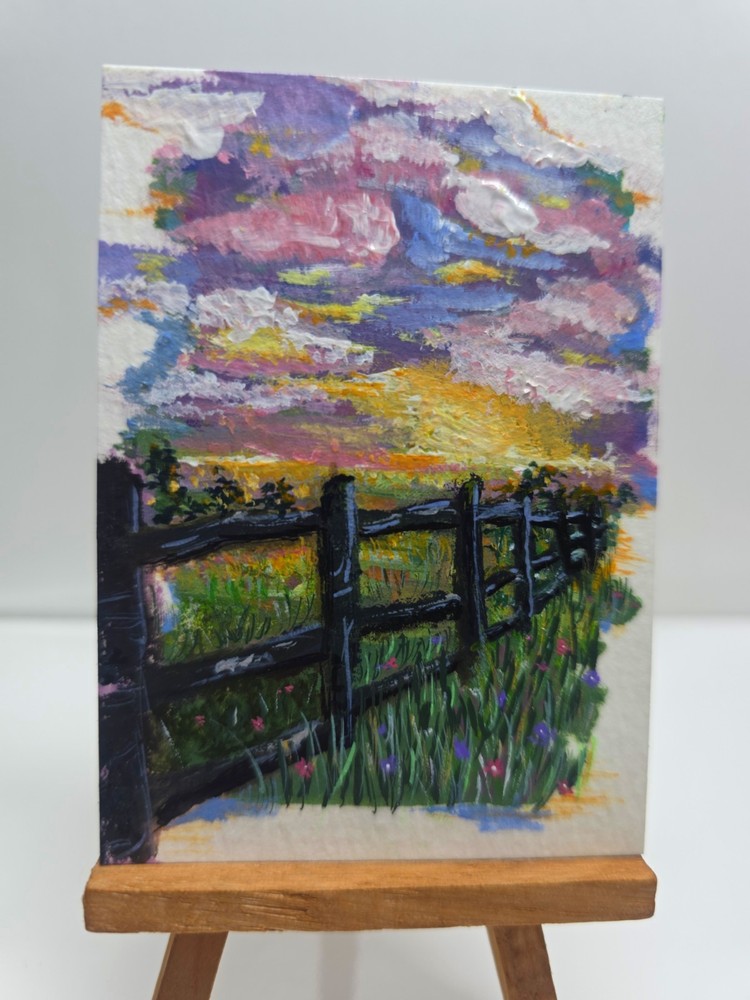 Original ACEO Sunrise Landscape Painting Cozy Farm OOAK Whimsical Mini Art Card