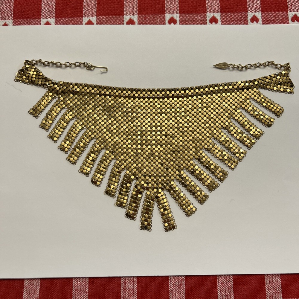 1970’s Whiting & Davis Gold Tone Chainmail Metal Fringed Vintage Necklace