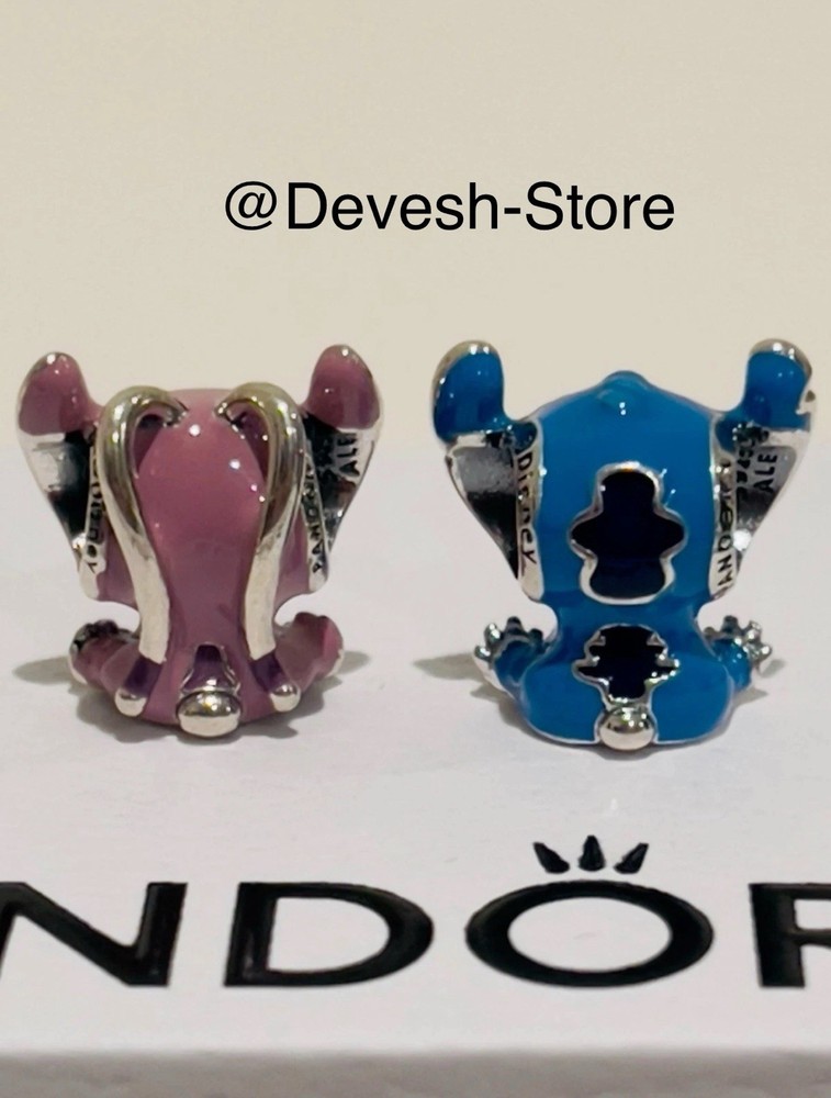 PANDORA 925 Sterling Silver Disney Stitch & Pink Angel Charm Set with Gift Box