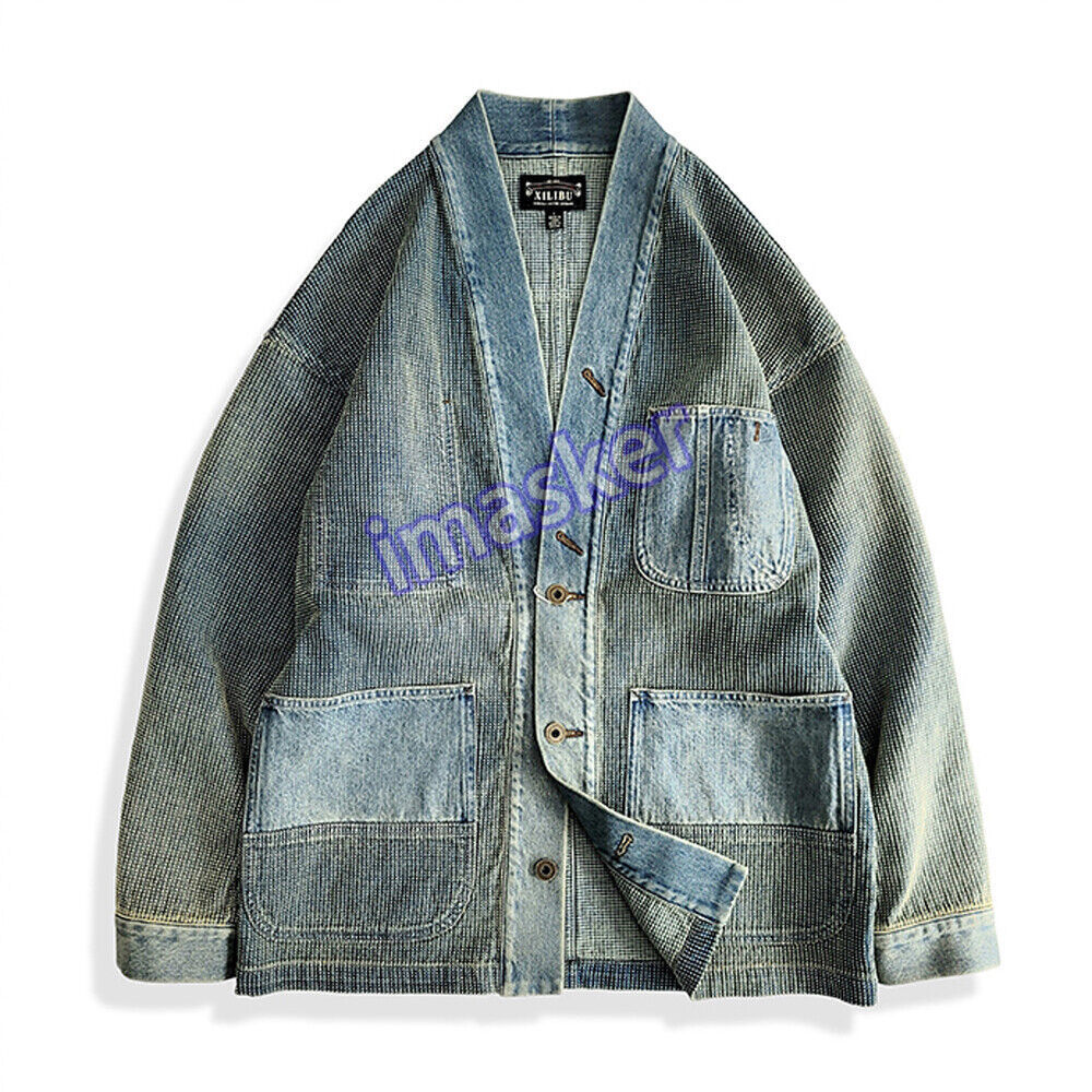 Indigo Dyeing Denim Jacket Sashiko Taoist Robe Coat Vintage Casual Work Coat