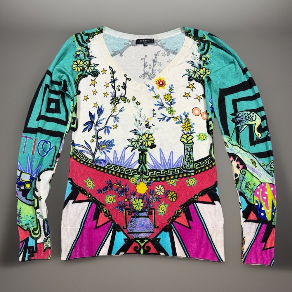 VTG Etro Milano Women’s Long Sleeve Floral Geometric Abstract Shirt SZ 38 Rare