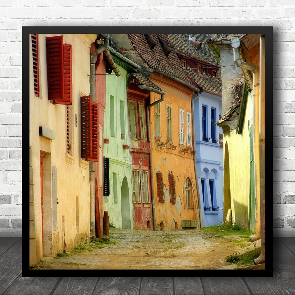 Colourful Street Houses Architecture Facade Sighisoara Romania Square Print