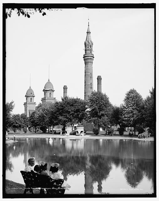 Water tower,Works Park,bodies,trees,Detroit,Michigan,Publishing Company,1900