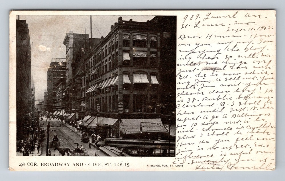 St Louis MO-Missouri, Corner Of Broadway And Olive Vintage c1905 Postcard