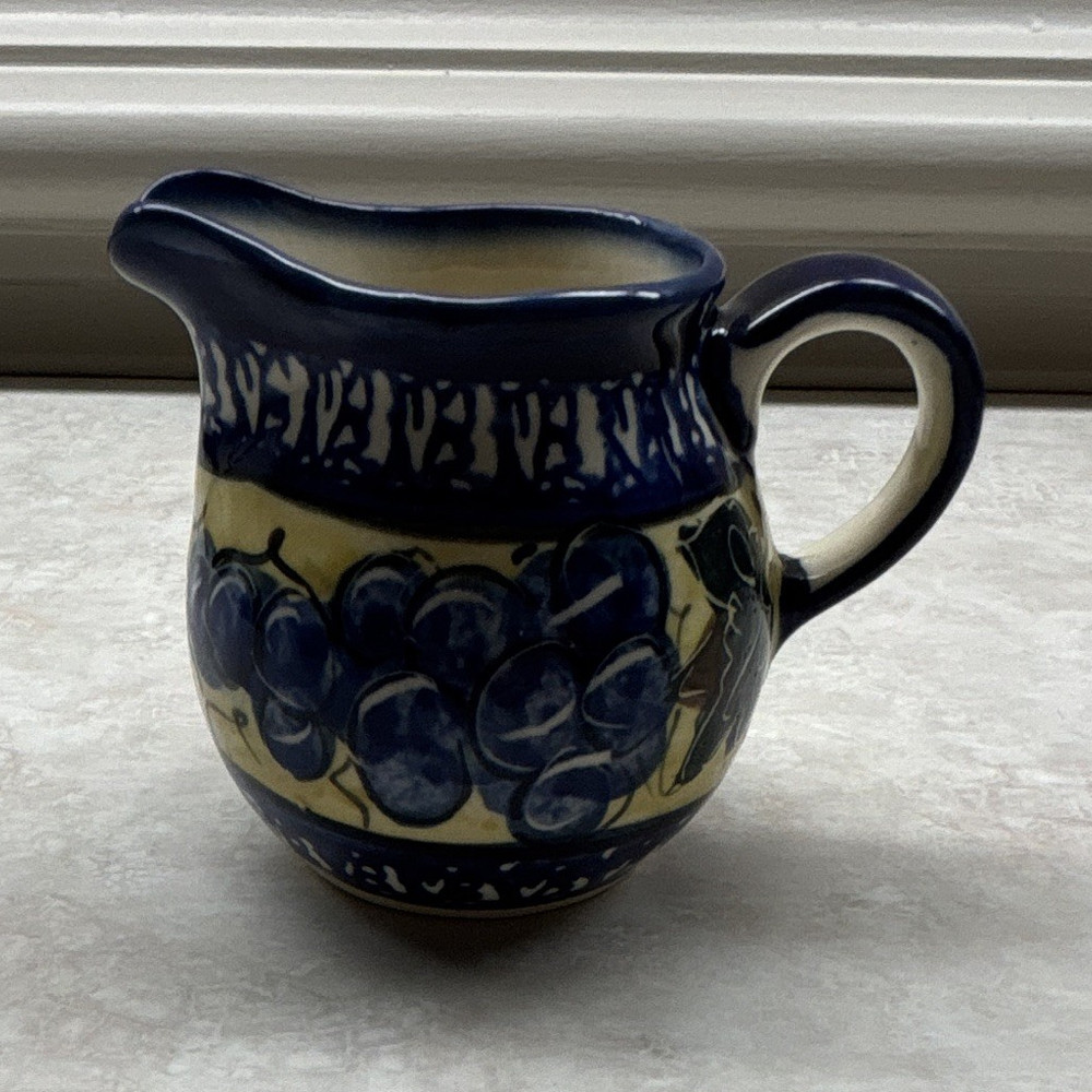 Blue & Beige Grapes Pattern Glossy Ceramic Creamer Pitcher w/ Handle