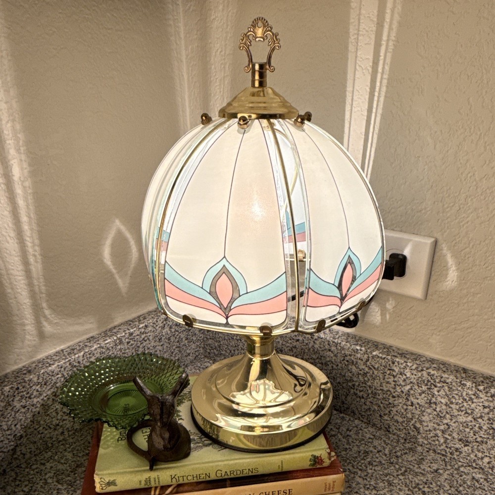 Vintage Stained Glass Table Lamp Brass Plated color 6 glass panels touch light
