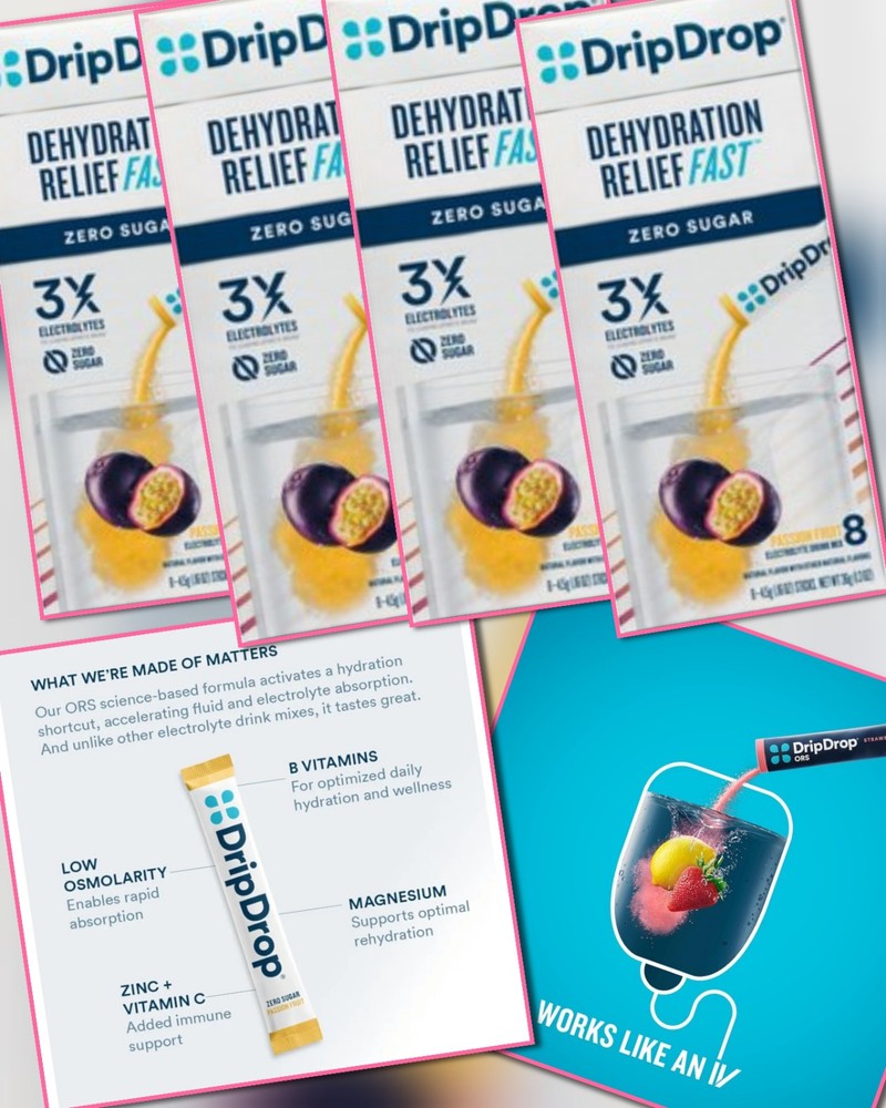 4 Pack DripDrop Zero Sugar Passion Fruit Electrolyte Powder 32ct Fast Hydration Relief
