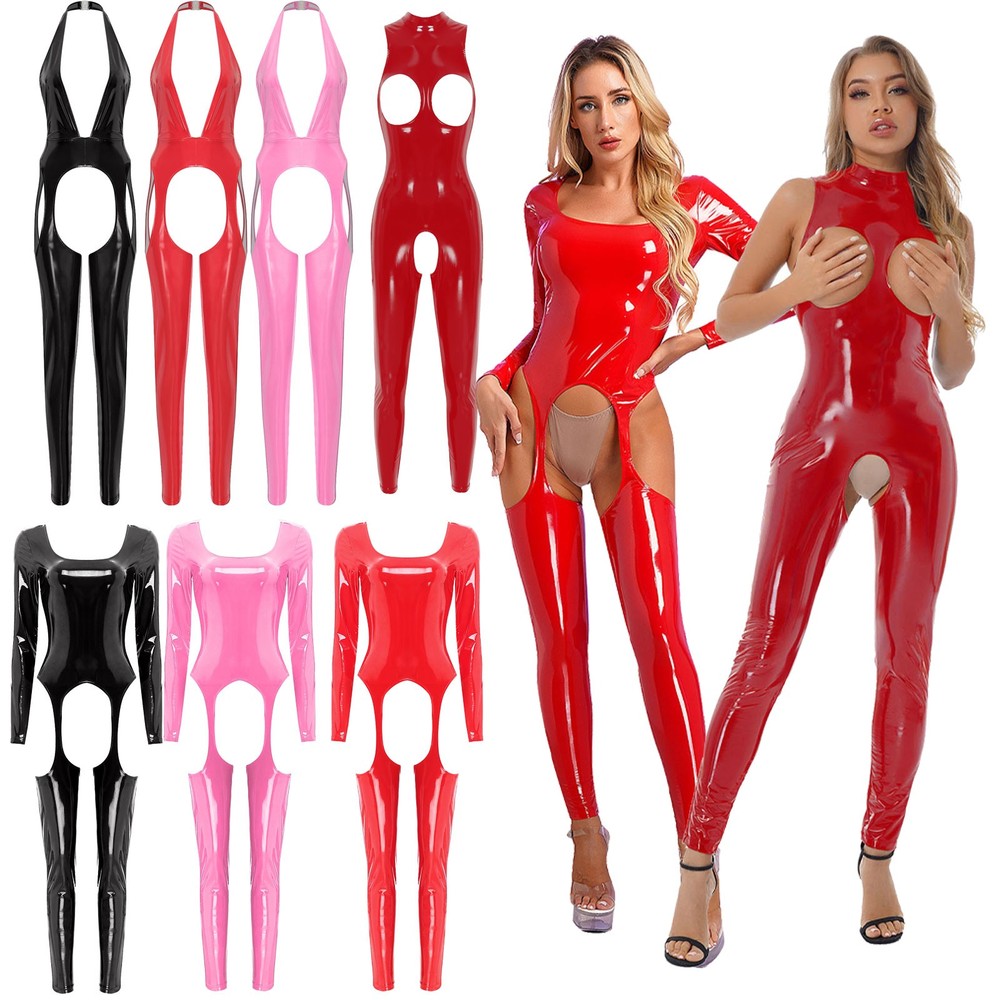 Women Sexy Hollow Out Catsuit PVC Full Bodysuit Leotard Clubwear Costume