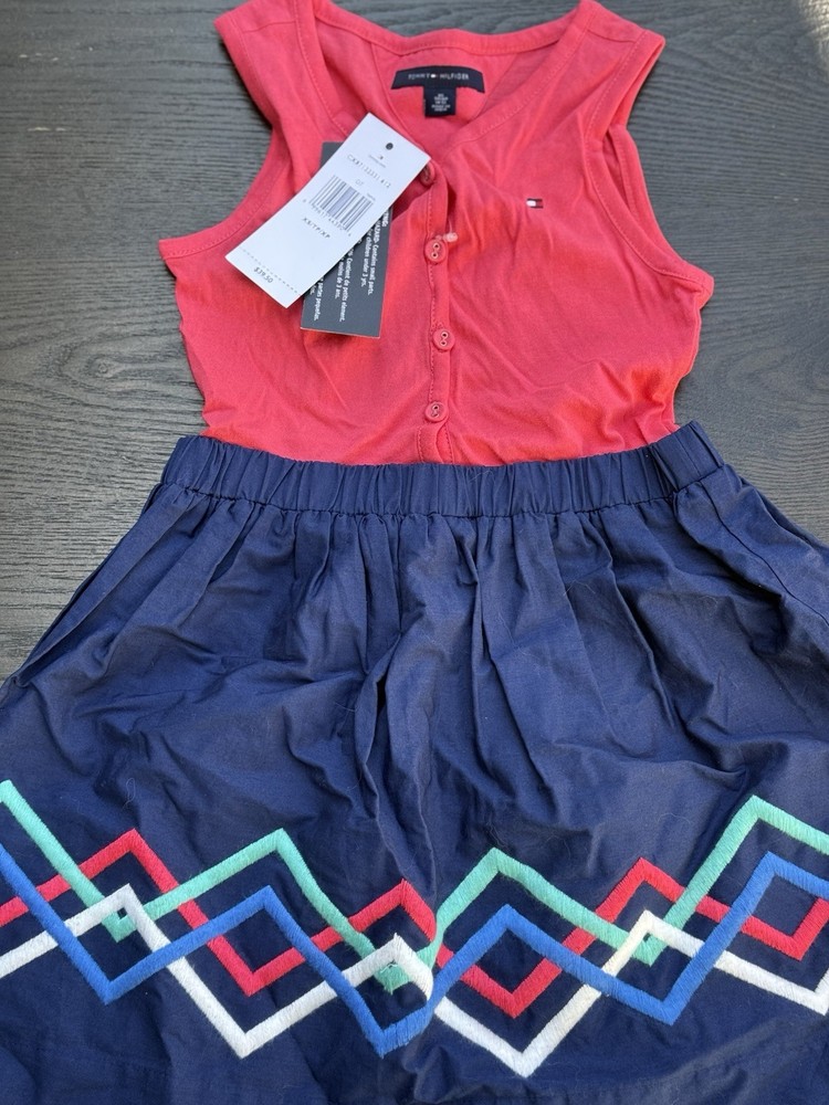 NWT Tommy Hilfiger Navy White Sleeveless Dress With Belt Girls Size XS