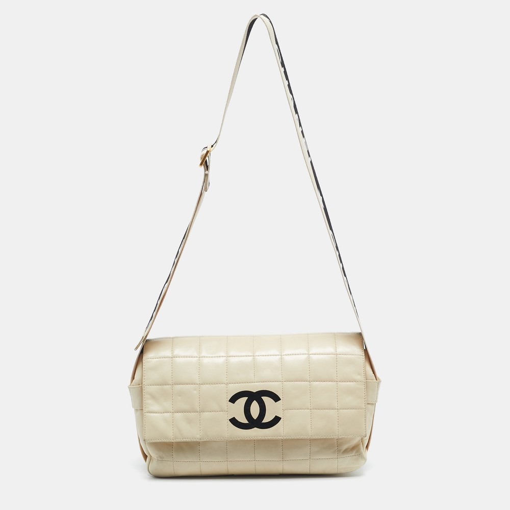 Chanel Cream Choco Bar Leather Sport Ligne Flap Shoulder Bag