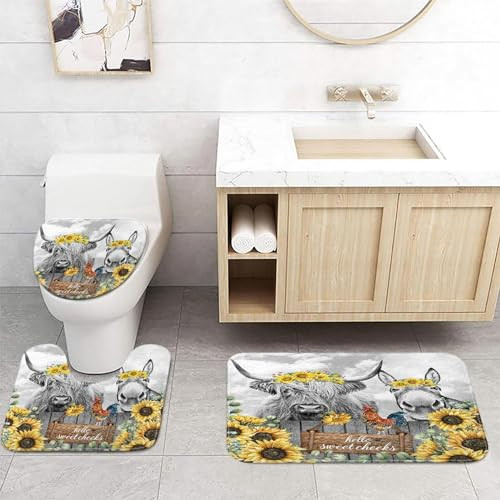 Funny Highland Cow Donkey Bath Rugs for Farmhouse Western Bathroom Decor