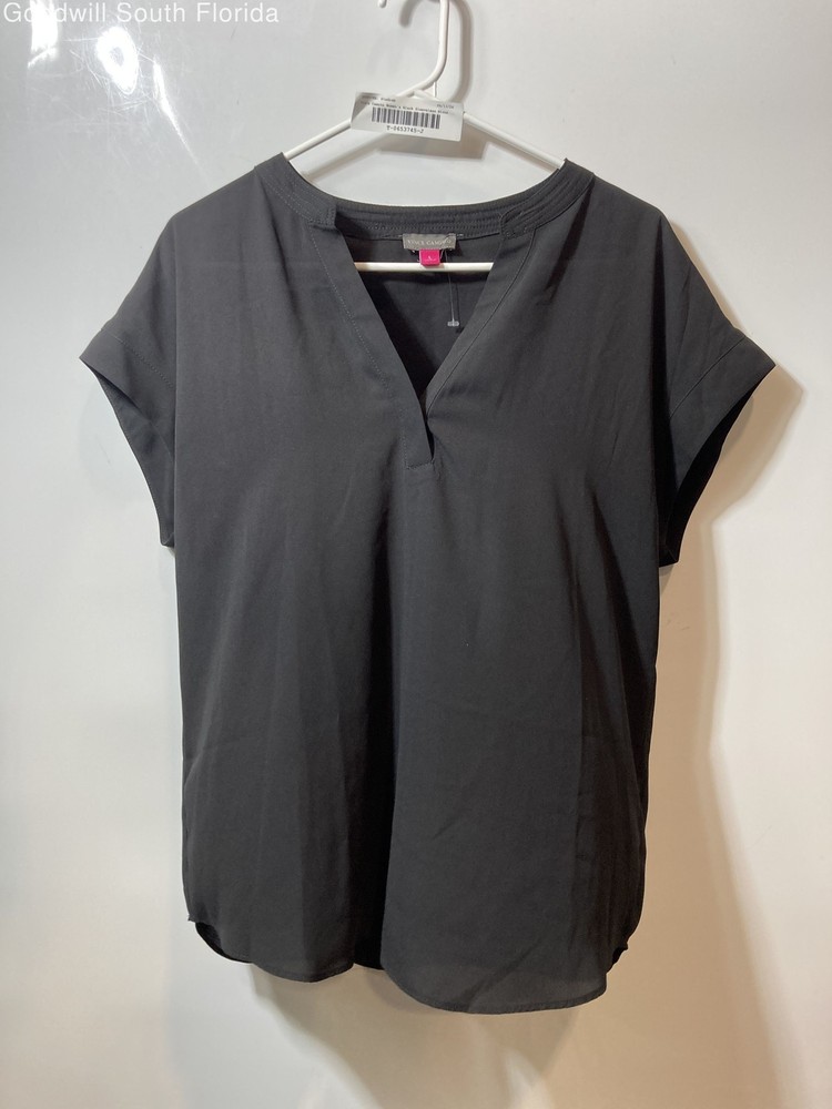 Vince Camuto Womens Black Short Sleeve Split V-Neck Pullover Blouse Top Size L