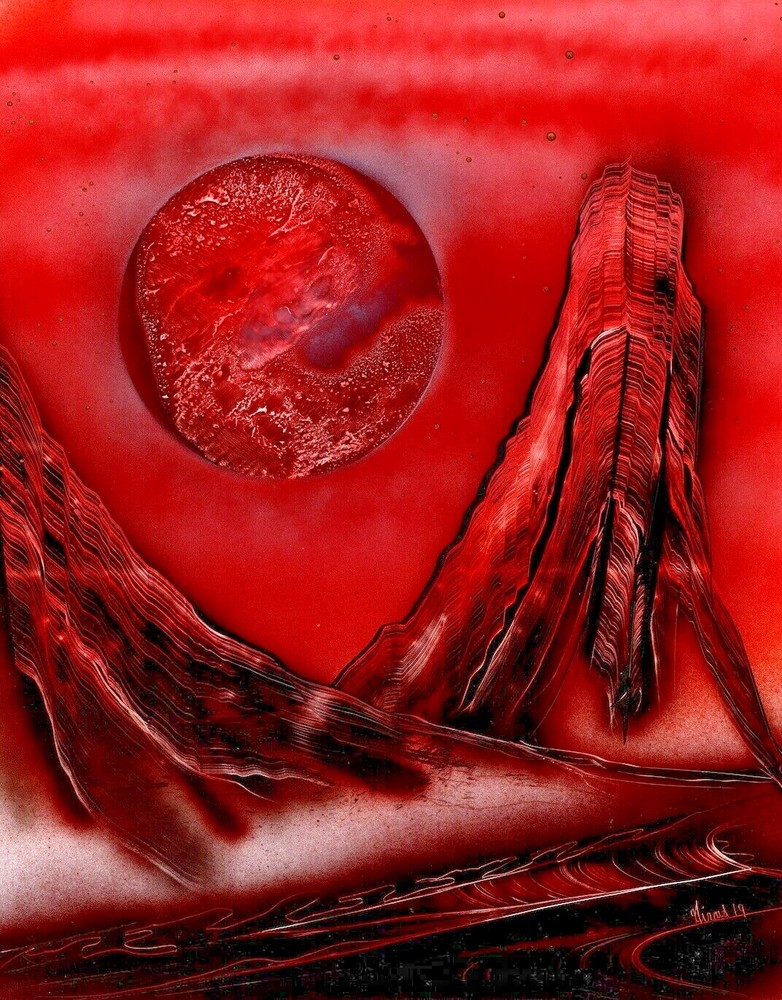 Red Color Landscape Art with Moon by artist Jason Girard in smaller size.