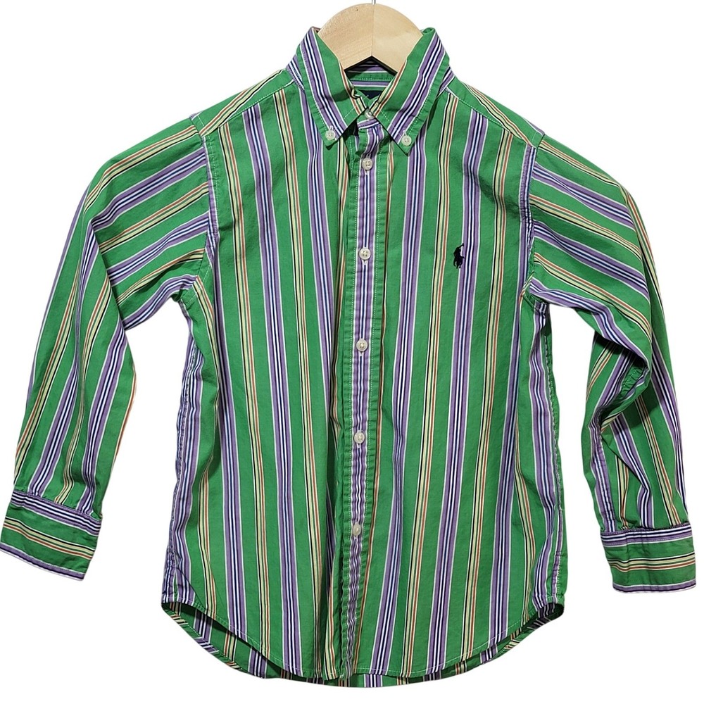 Polo Ralph Lauren Kids Green Striped Button Down Shirt Long Sleeve Size 5 Cotton