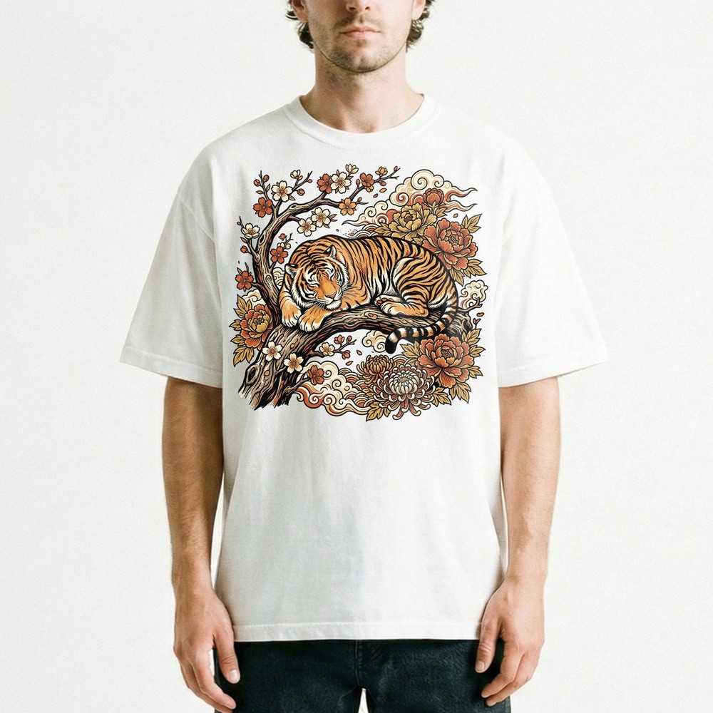 Sleeping Tiger Plum Blossoms Japanese Traditional Vintage t-shirt Asian Zen Tee