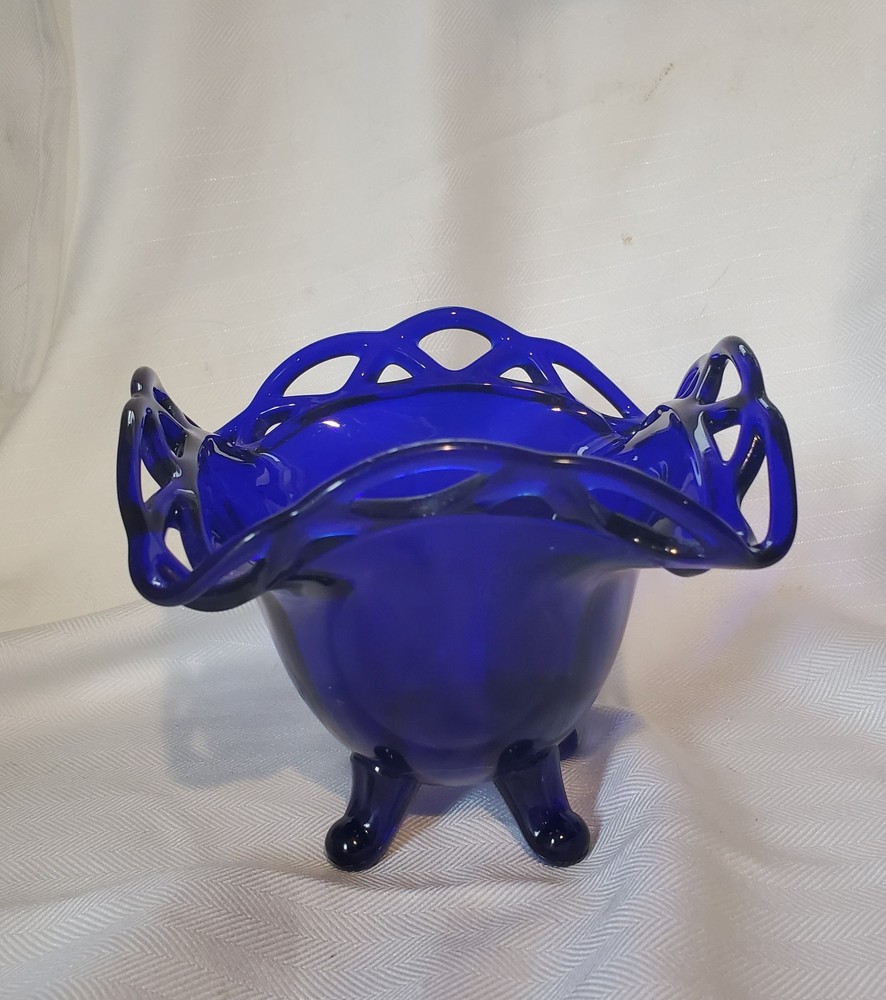 Vintage Cobalt Blue Glass Footed Lace Edge Bowl Candy Dish