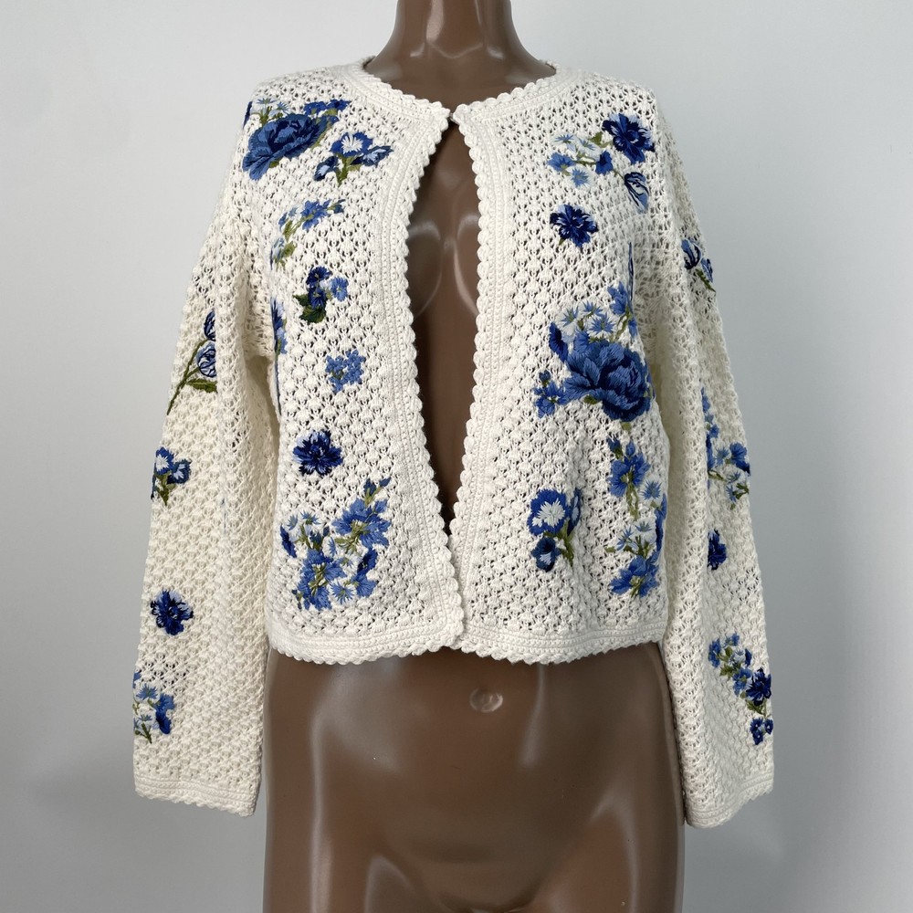 Alice + Olivia Womens Cardigan White/Blue Size XS Anderson Crochet Cotton Wool
