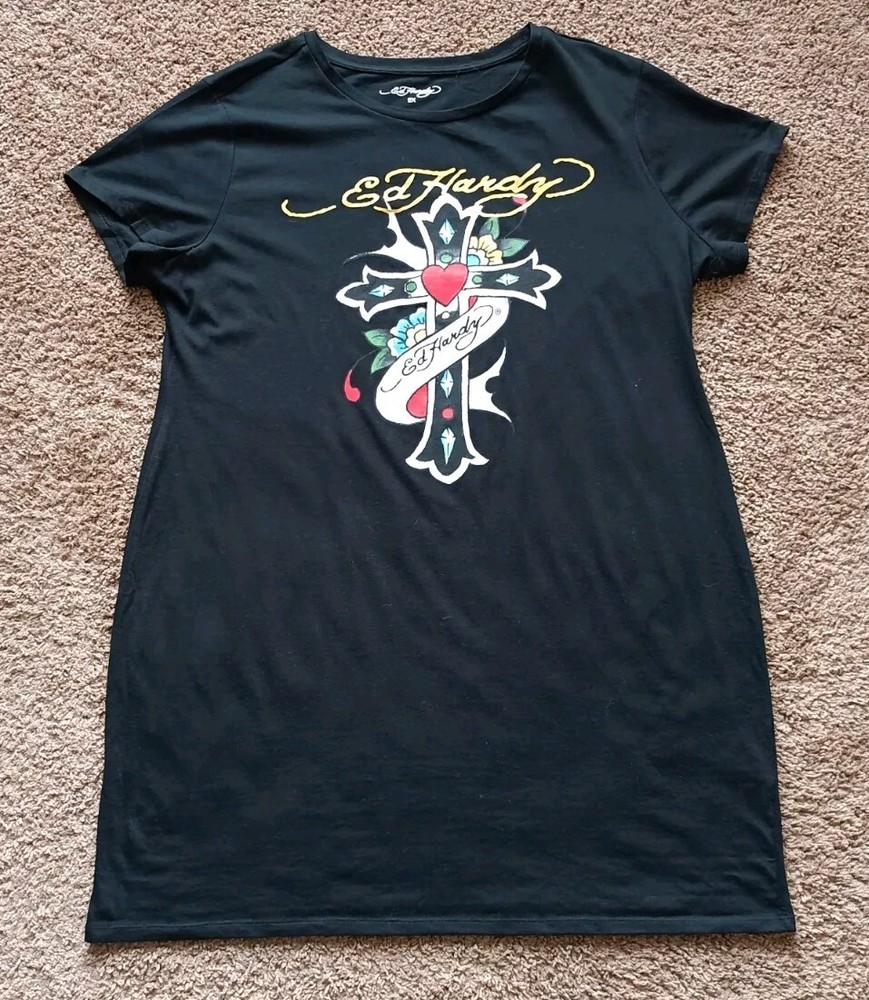 Ed Hardy Shirt Dress Women's Size 2X Cross Graphic Black Short Sleeve NWT