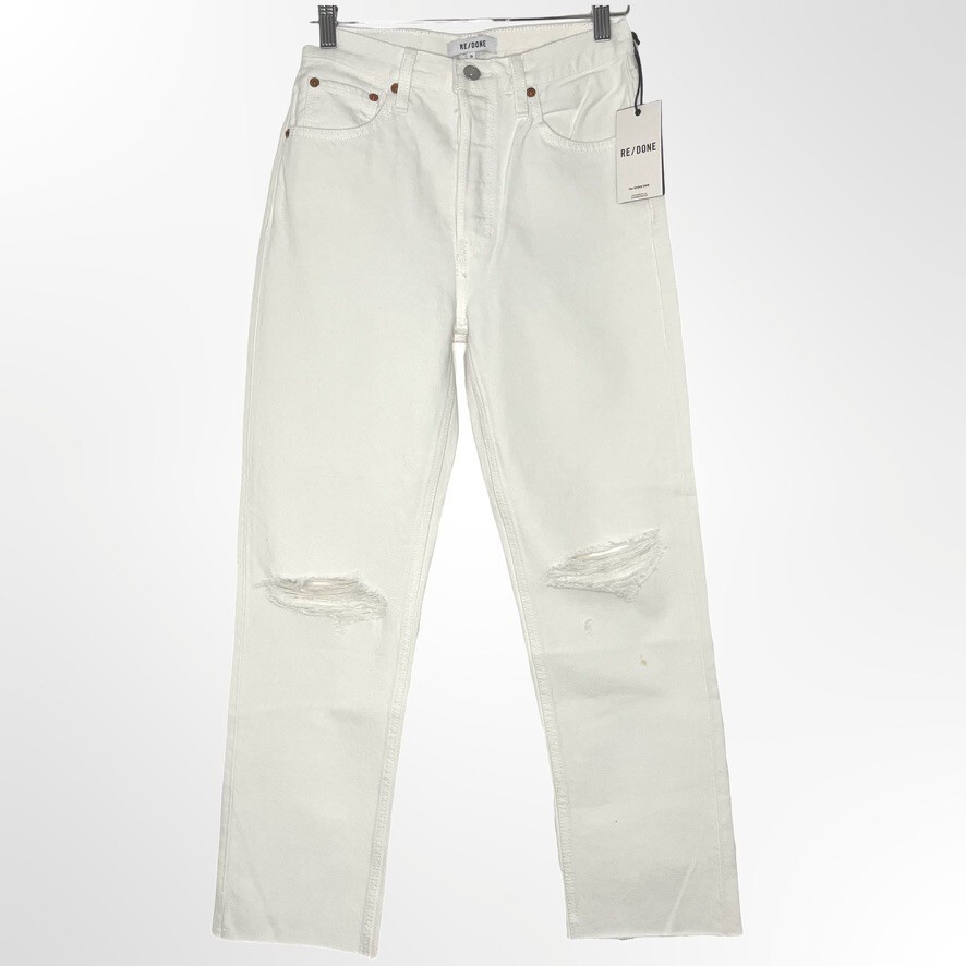 Re/Done 70s Stove Pipe Women Jeans 25 White Cotton Distressed Raw Hem Button Fly