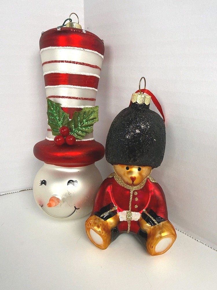 VTG Christmas Glass Hanging Tree Ornament English Bear & Long Hat Snowman