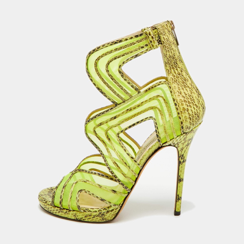 Jimmy Choo Magnum Size 40 Tricolor Net and Python Leather Cutout Platform Pumps