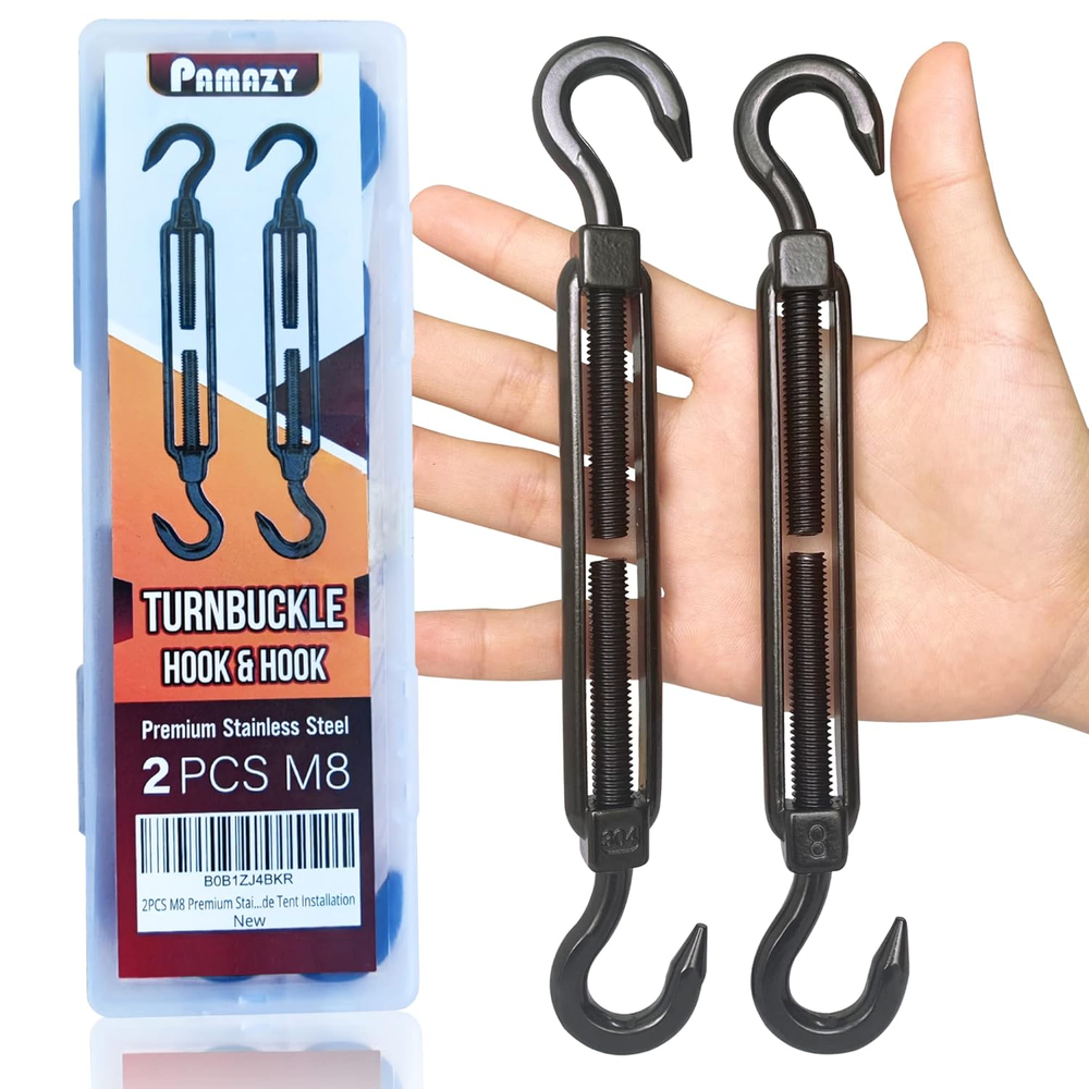 2PCS M8 Premium Stainless Steel Hook & Hook Turnbuckle, Black Turnbuckle for Wir