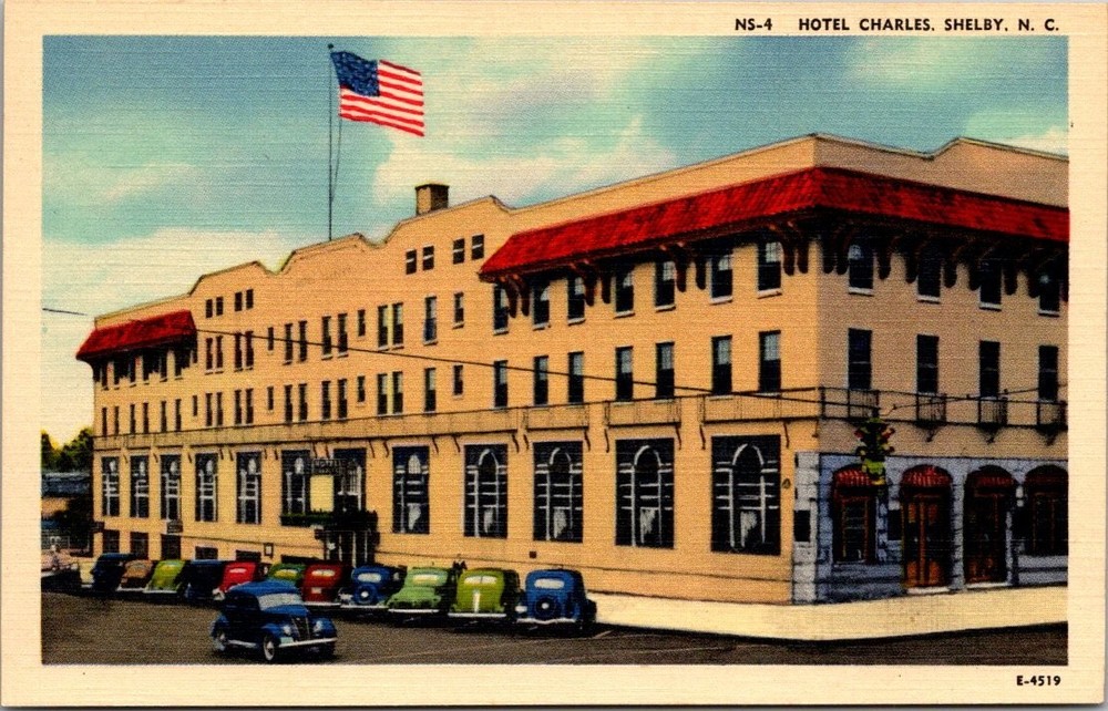 Hotel Charles Shelby NC Linen Postcard 1940s Vintage Cars Asheville PC Co.