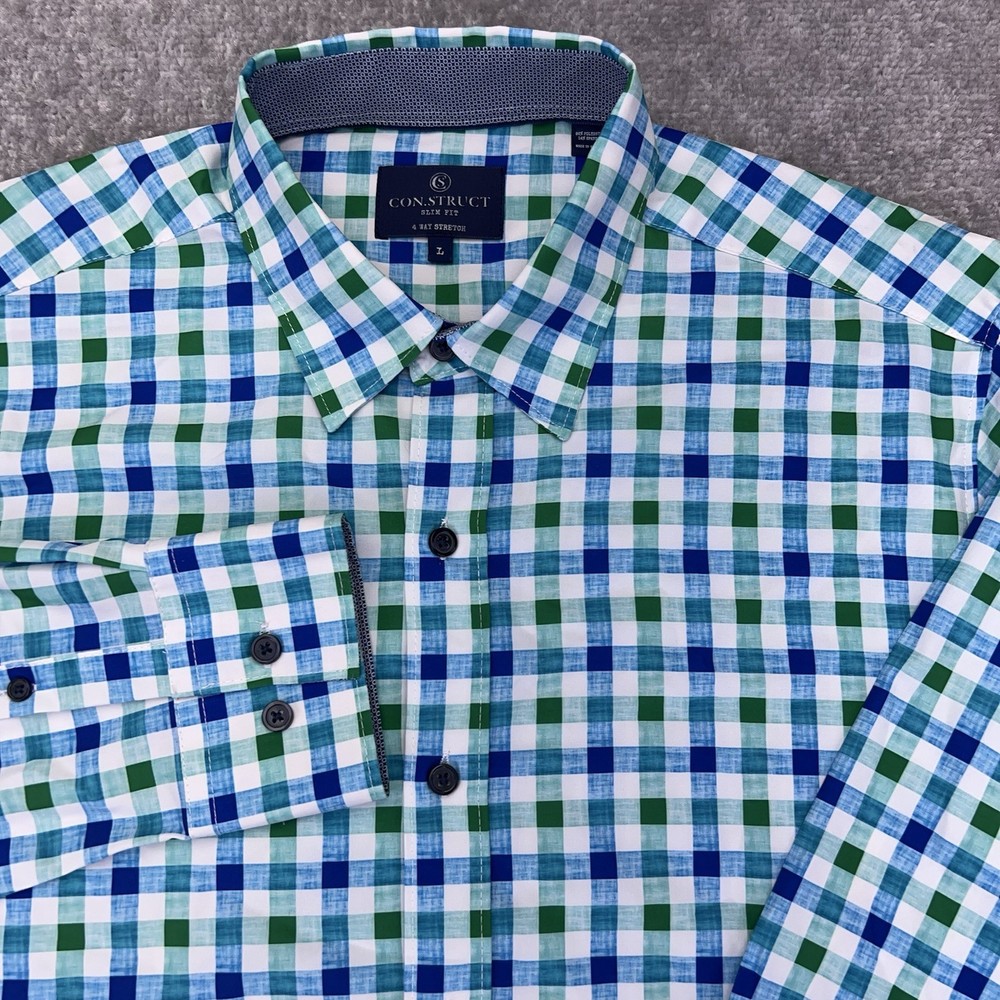 CON.STRUCT Mens Large Dress Shirt Long Sleeve Slim 4Way Stretch Blue Green Check