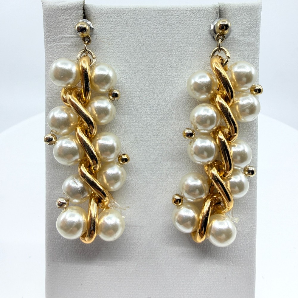 Vintage 80s Gold Tone Faux Pearl Cluster Dangle Drop Earrings Pierced Statement