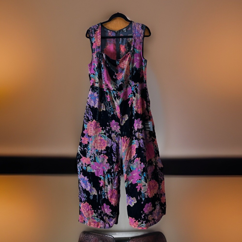 NEW Lulus Jumpsuit Women’s XL Velvet  Burnout Floral Wide Leg