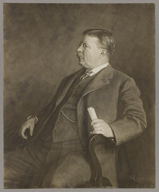 Theodore Roosevelt, three-quarter view portrait, seated in small armchair with