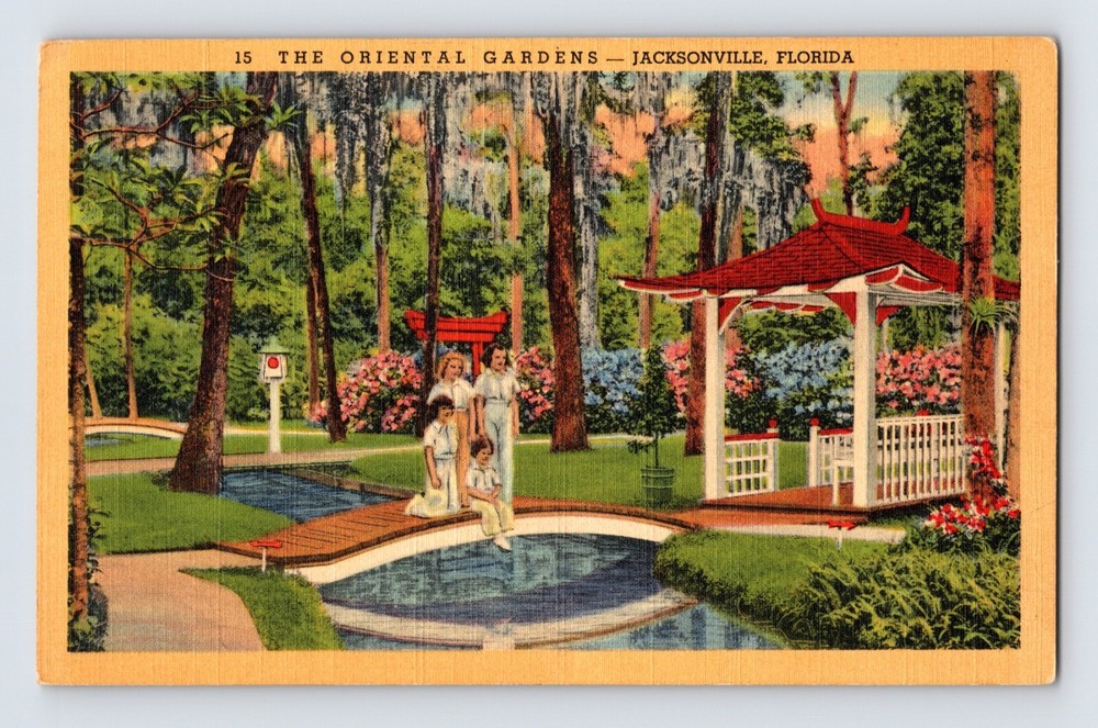 Postcard Florida Jacksonville FL Oriental Garden 1945 Posted Linen Free Military