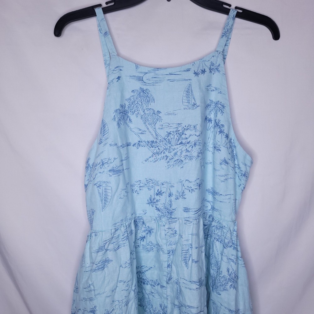 Lands End Midi Dress Medium Blue Linen Beach Scene Tropical Palm Tree