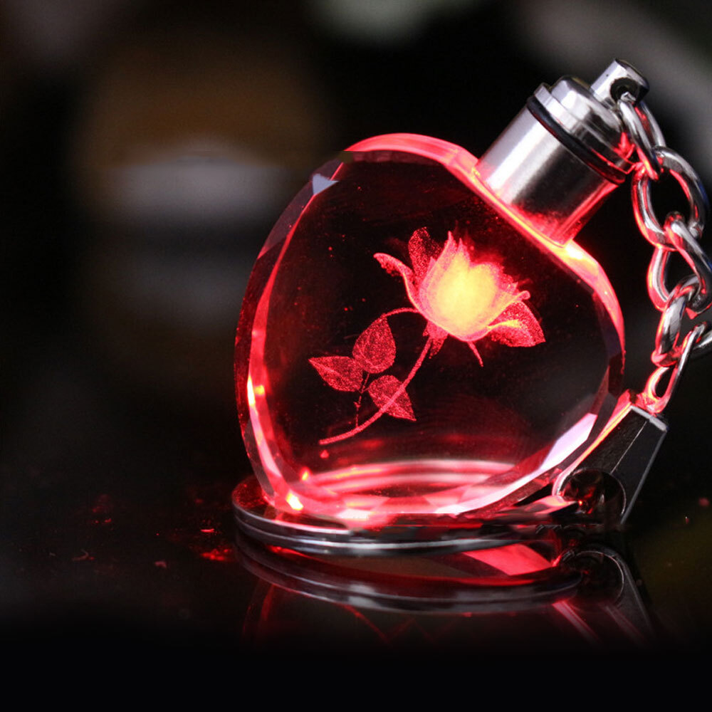 Crystal Rose LED Light Keychain Car Accessory Heart Keyring Gift Red Romantic Style