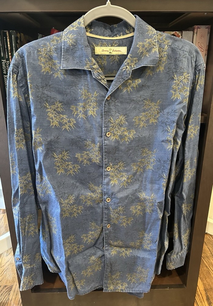 Tommy Bahama 100% Linen Long Sleeve Button Down Blue Gray Hawaiian Palm Print M